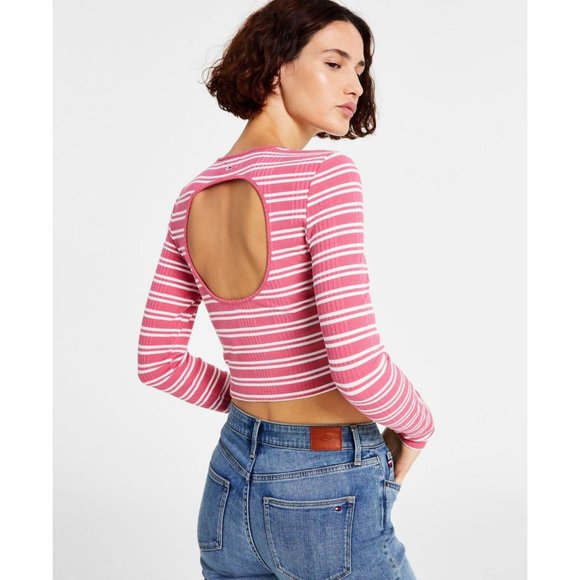Tommy Jeans Back-Cutout Striped Ribbed Top T2GHNECG Rosebud Combo Pink XL - Picture 2 of 3